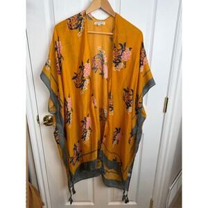 Woven Heart Mustard Floral Boho Kimono Cardigan Tassel Hem S Coastal Grandmother